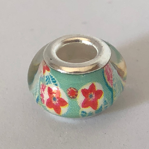 Bead Fitting Pandora Murano-Type Clear Light Blue & Red Flower Garden Design