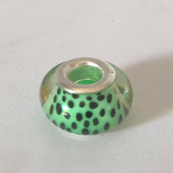 Bead Fitting Pandora Murano-Type Light Green Small Black & Large White Spots