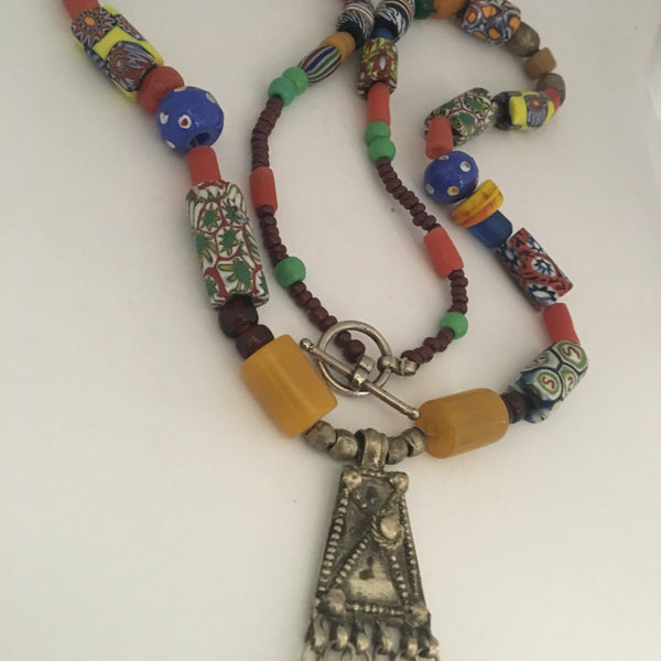 Necklace Antique Ethiopian Pendant with Amber and Millefiori