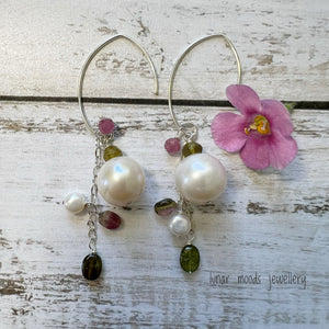 White Pearls with Green and Pink Tourmaline Earrings