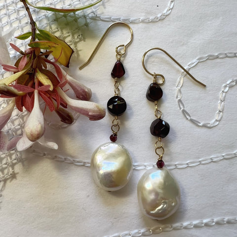 Coin Pearls & Garnets on Gold Filled Earrings