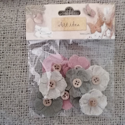 Fabric Flowers, Mixed Colours, with Small Button Centre