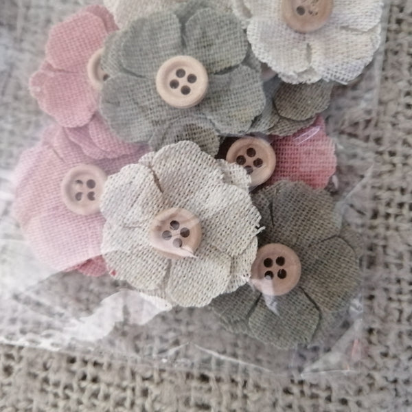 Fabric Flowers, Mixed Colours, with Small Button Centre