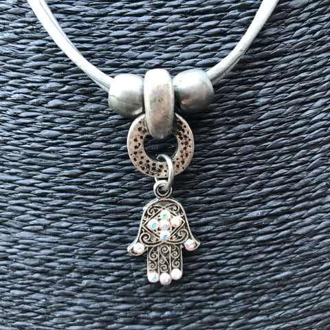 Necklace 'Silver' Hamsa/Hand of Fatima Pendant with crystal diamante