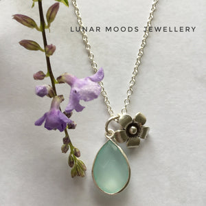 Aqua Chalcedony & Silver Flower Charm on Silver Chain