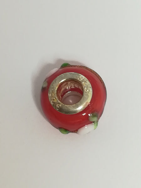 Bead Fitting Pandora Murano-Type Red Rose Embossed Design