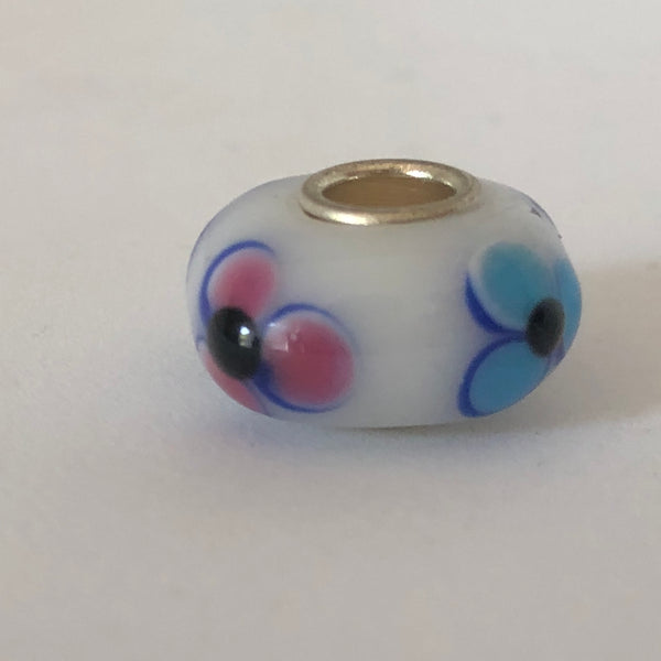 Bead Fitting Pandora Murano-Type White Pink & Blue Flowers