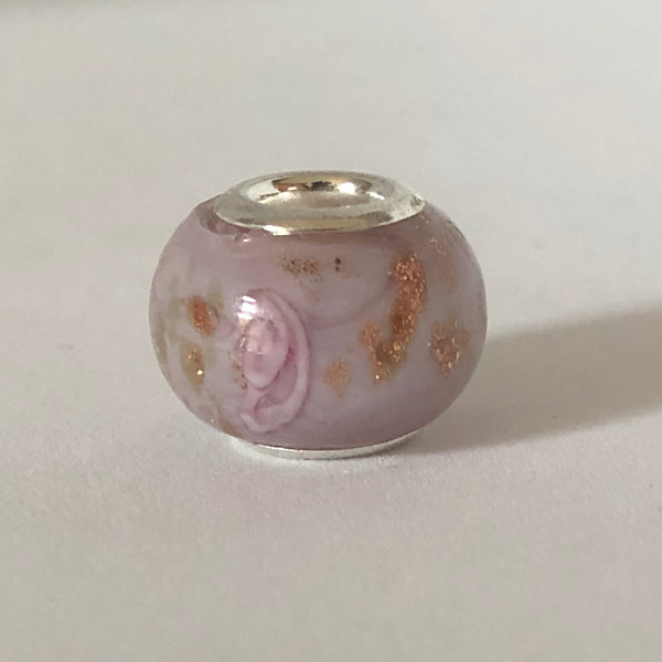 Bead Fitting Pandora Murano-Type Rose White Pink Rose & Gold Design