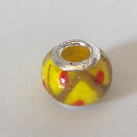 Bead Fitting Pandora Murano-Type Clear Yellow Gold Wave & Red Dots