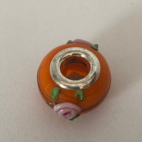 Bead Fitting Pandora Murano-Type Orange Ceramic Pink Rose & Green Leaves