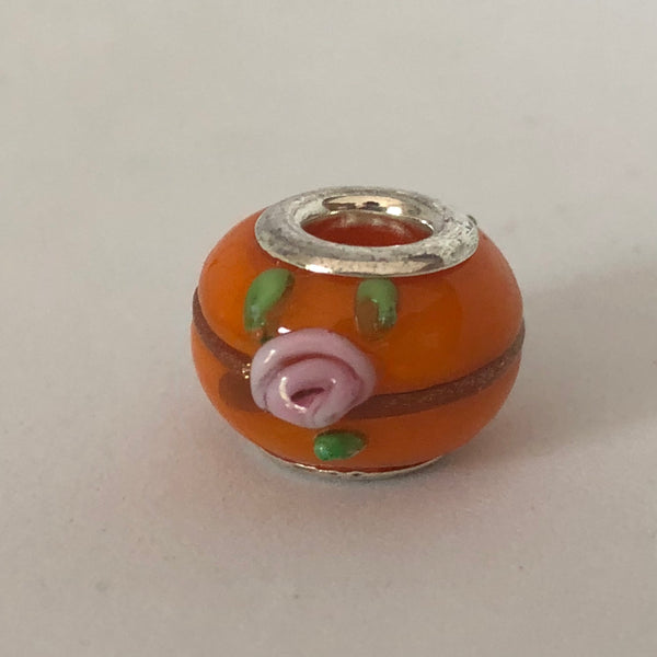 Bead Fitting Pandora Murano-Type Orange Ceramic Pink Rose & Green Leaves