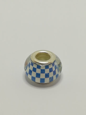Bead Fitting Pandora Murano-Type Clear Blue & White Checkboard Design