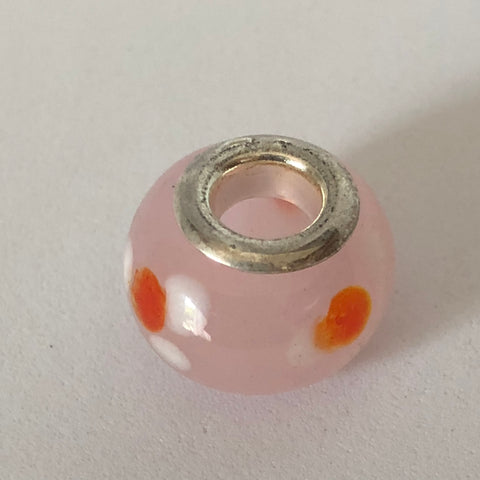 Bead Fitting Pandora Murano-Type Pale Pink White & Red Flowers