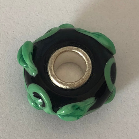 Bead Fitting Pandora Murano-Type Black Green Leaf Emboss