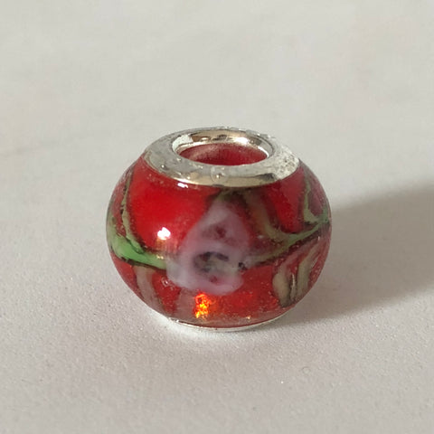 Bead Fitting Pandora Murano-Type Red Pink & Green Flower
