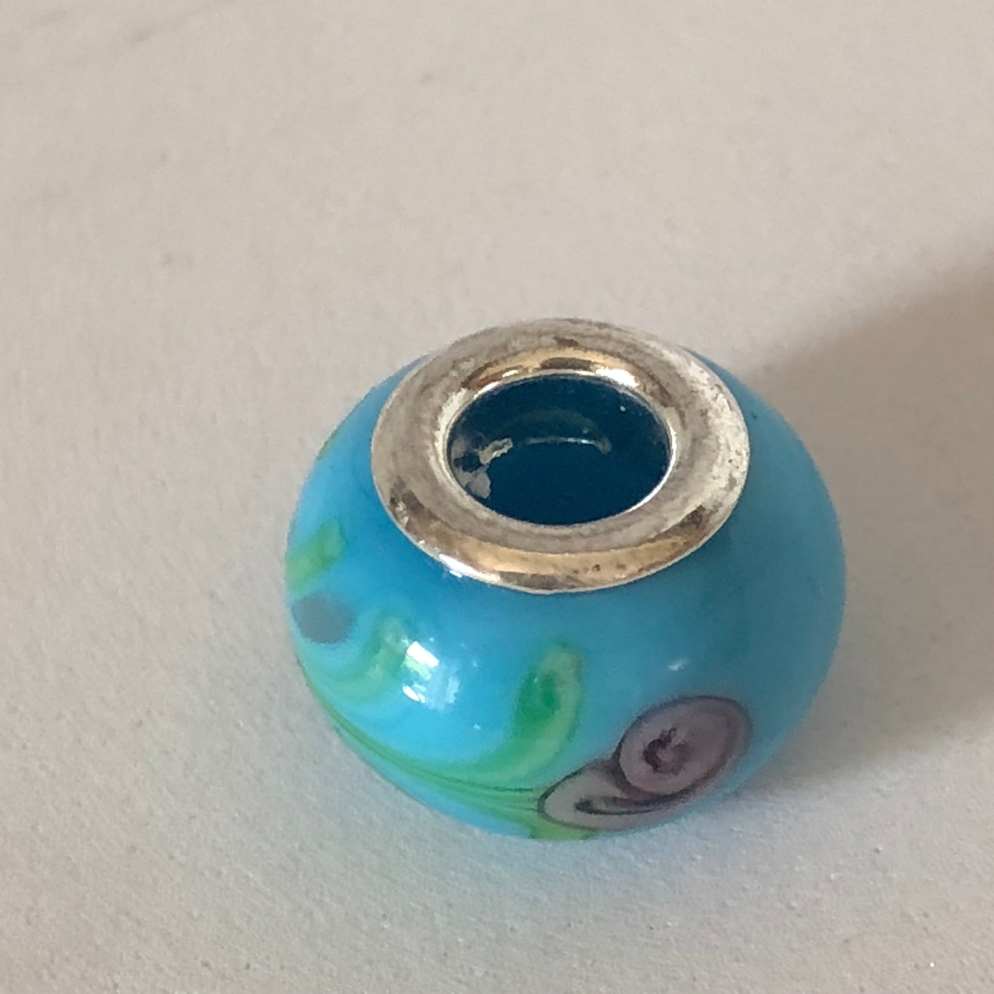 Bead Fitting Pandora Murano-Type Blue Pink/Green Flower