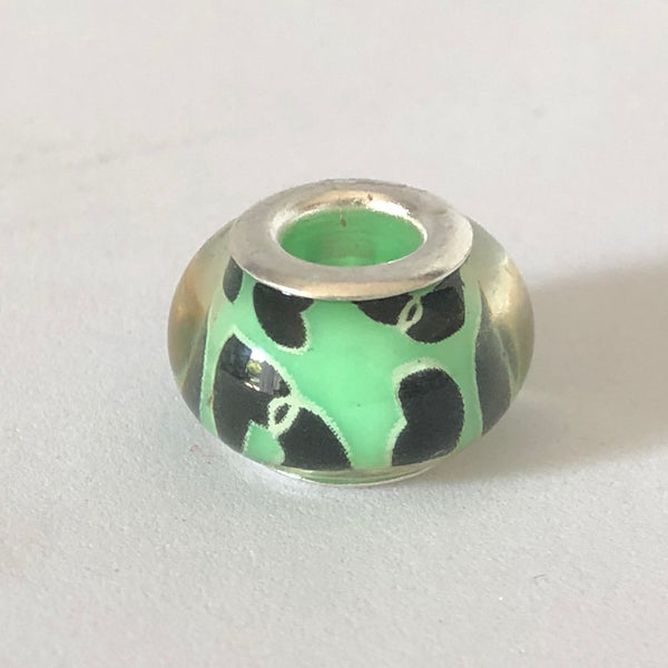Bead Fitting Pandora Murano-Type Light Green Double Black Heart