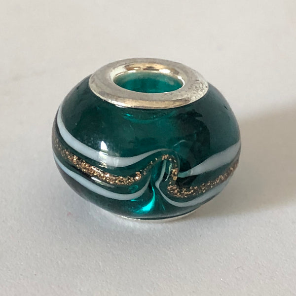 Bead Fitting Pandora Murano-Type Dark Blue/Green White & Bronze Line