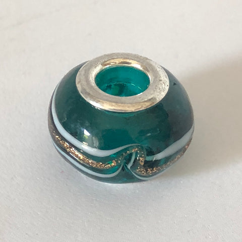 Bead Fitting Pandora Murano-Type Dark Blue/Green White & Bronze Line