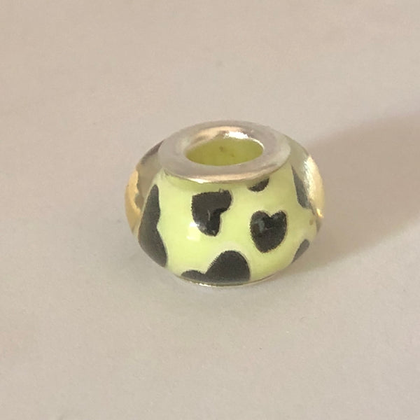 Bead Fitting Pandora Murano-Type Light Yellow & Black Hearts