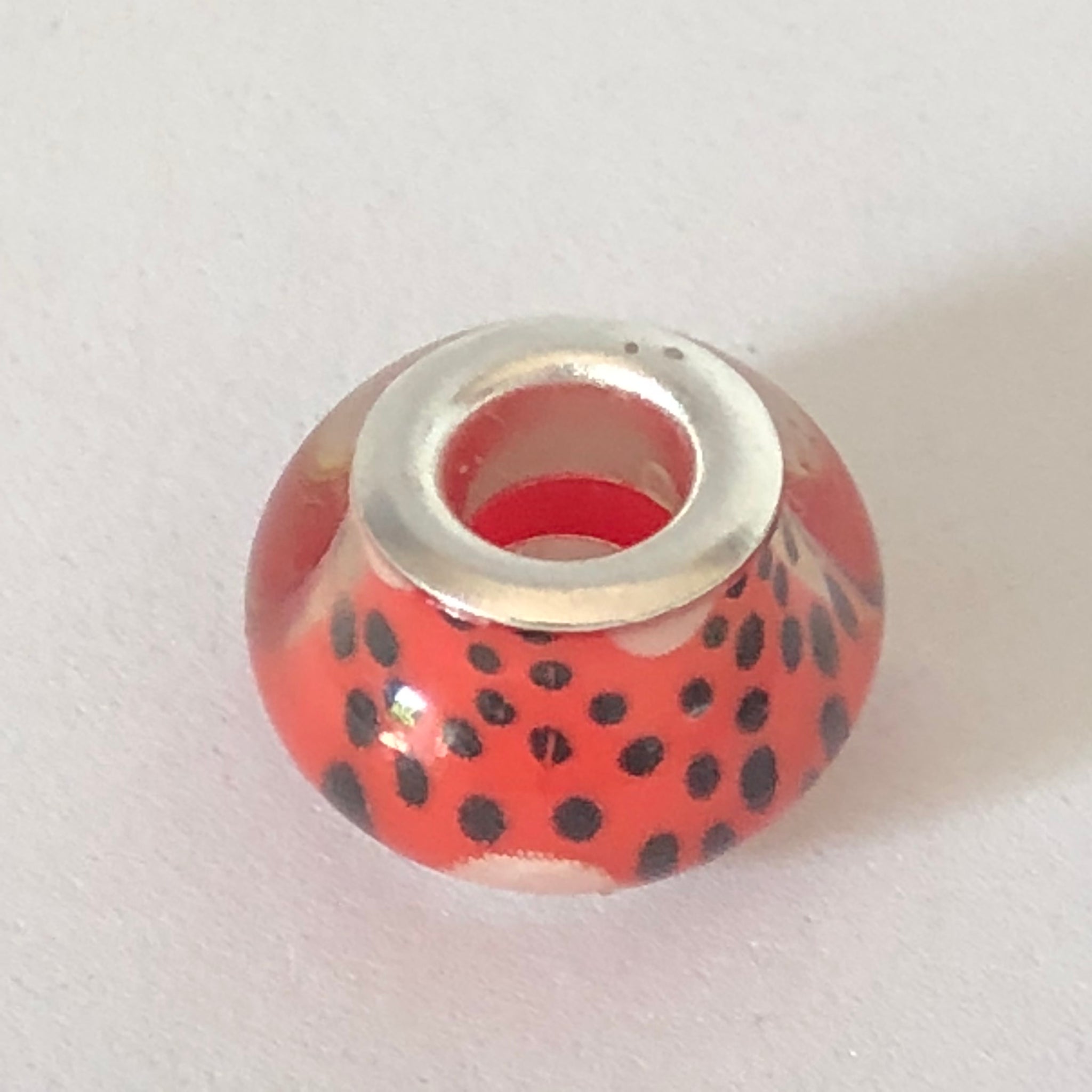 Bead Fitting Pandora Murano-Type Tangerine Small Black & Large White Spots