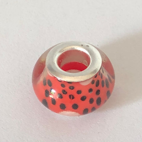 Bead Fitting Pandora Murano-Type Tangerine Small Black & Large White Spots