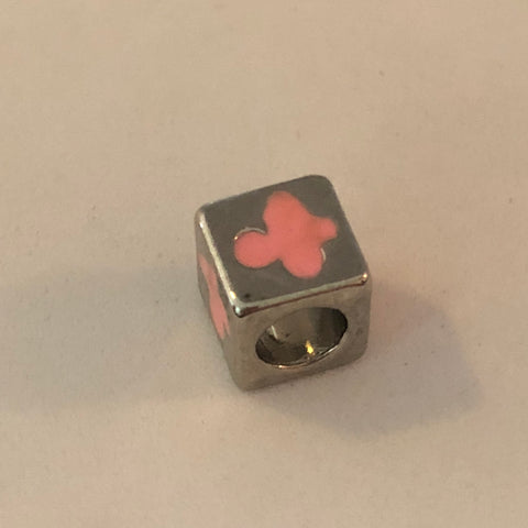 Bead Fitting Pandora 'Silver', Cube Pink Flower, Enamel, Spacer