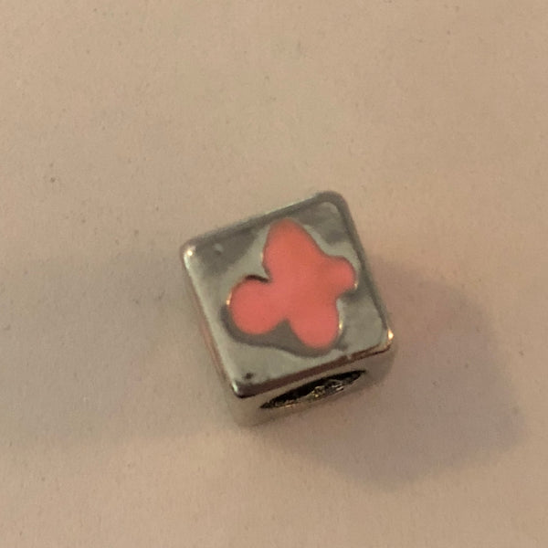 Bead Fitting Pandora 'Silver', Cube Pink Flower, Enamel, Spacer