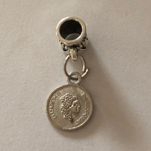 Bead Fitting Pandora Murano-Type 'Silver', Mini Coin, Dangle