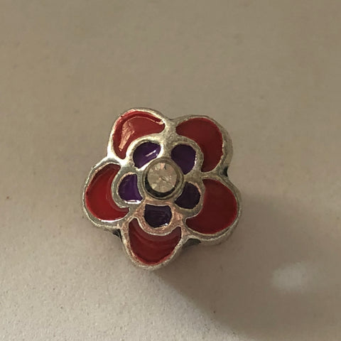 Bead Fitting Pandora 'Silver', Red & Purple Enamel Flower Gemstone