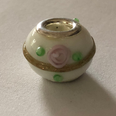 Bead Fitting Pandora Murano-Type Ceramic Rose, Pink, White & Green