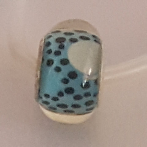 Bead Fitting Pandora Murano-Type Clear Blue, Black Spots & White Spot