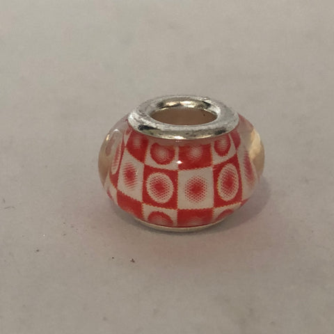 Bead Fitting Pandora Murano-Type Red & White Design Within Checkerboard Design