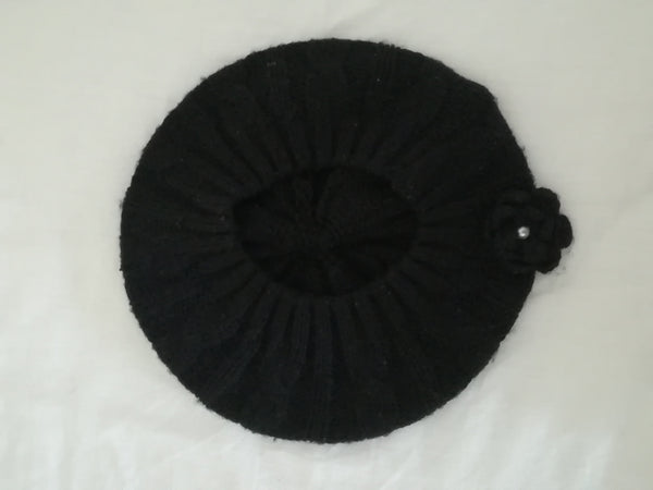 Beret (Wool) - Black with Flower