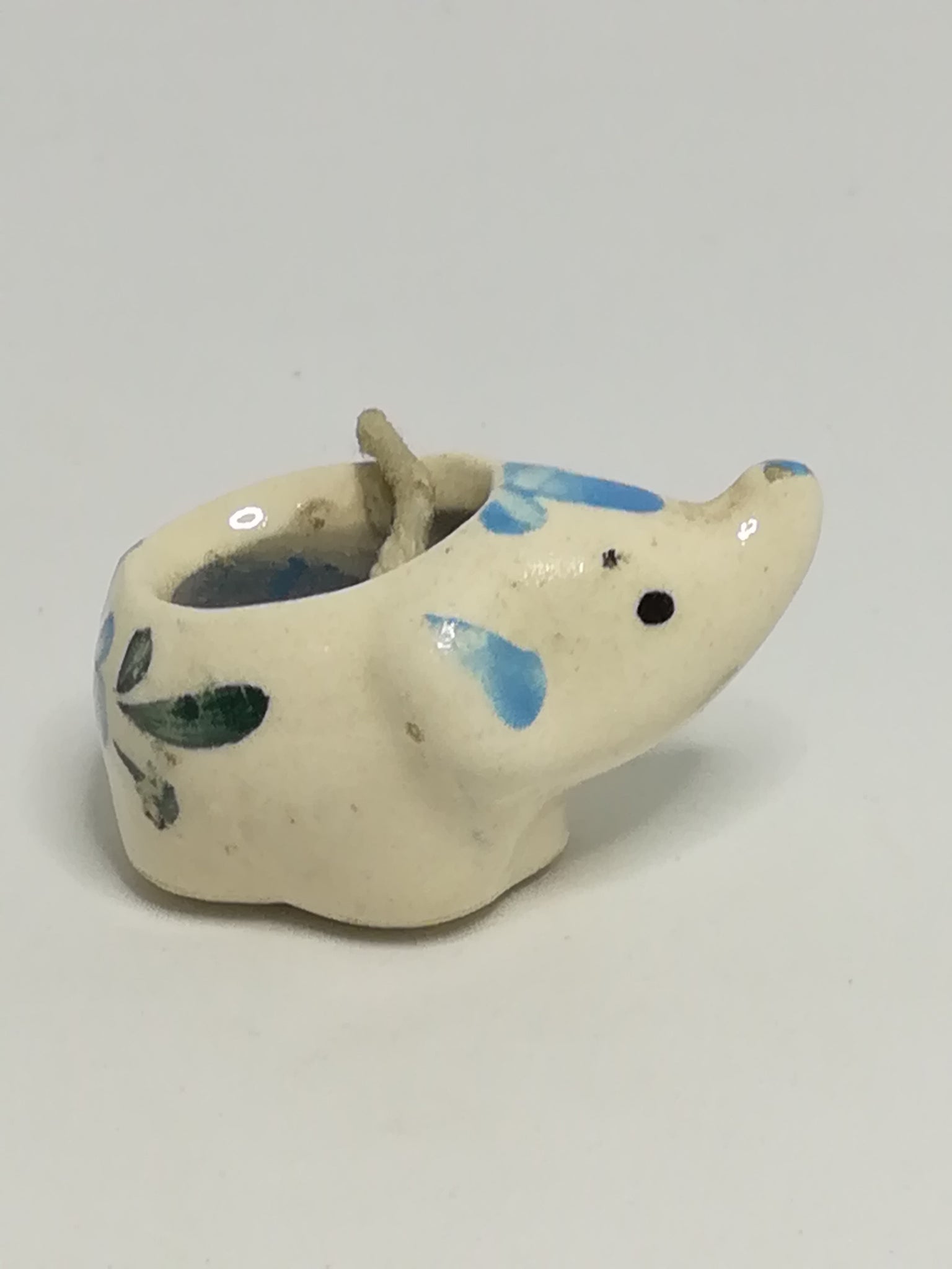 Miniature Ceramic White Candle Elephant with Blue & Green Flower Painting (Miniature, suitable for printer's tray)
