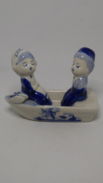 Small Ceramic Blue & White Delft Style Couple in Boat (Elesva Holland)
