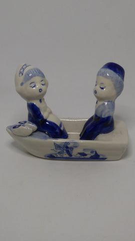 Small Ceramic Blue & White Delft Style Couple in Boat (Elesva Holland)