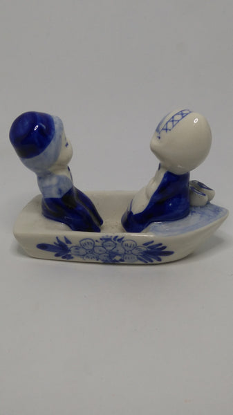 Small Ceramic Blue & White Delft Style Couple in Boat (Elesva Holland)