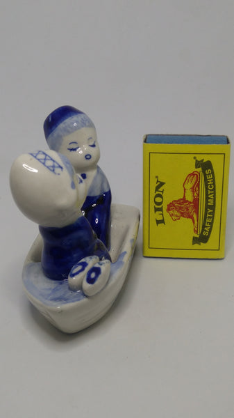 Small Ceramic Blue & White Delft Style Couple in Boat (Elesva Holland)