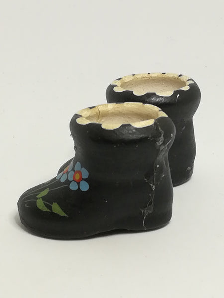 Miniature Black Ceramic Loafer Ankle Boots with Flower Painting (Miniature, suitable for printer's tray)