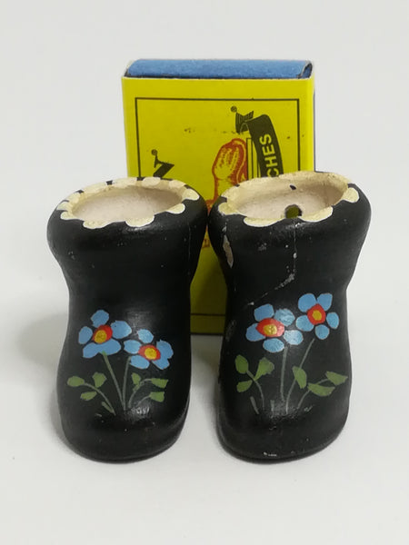 Miniature Black Ceramic Loafer Ankle Boots with Flower Painting (Miniature, suitable for printer's tray)