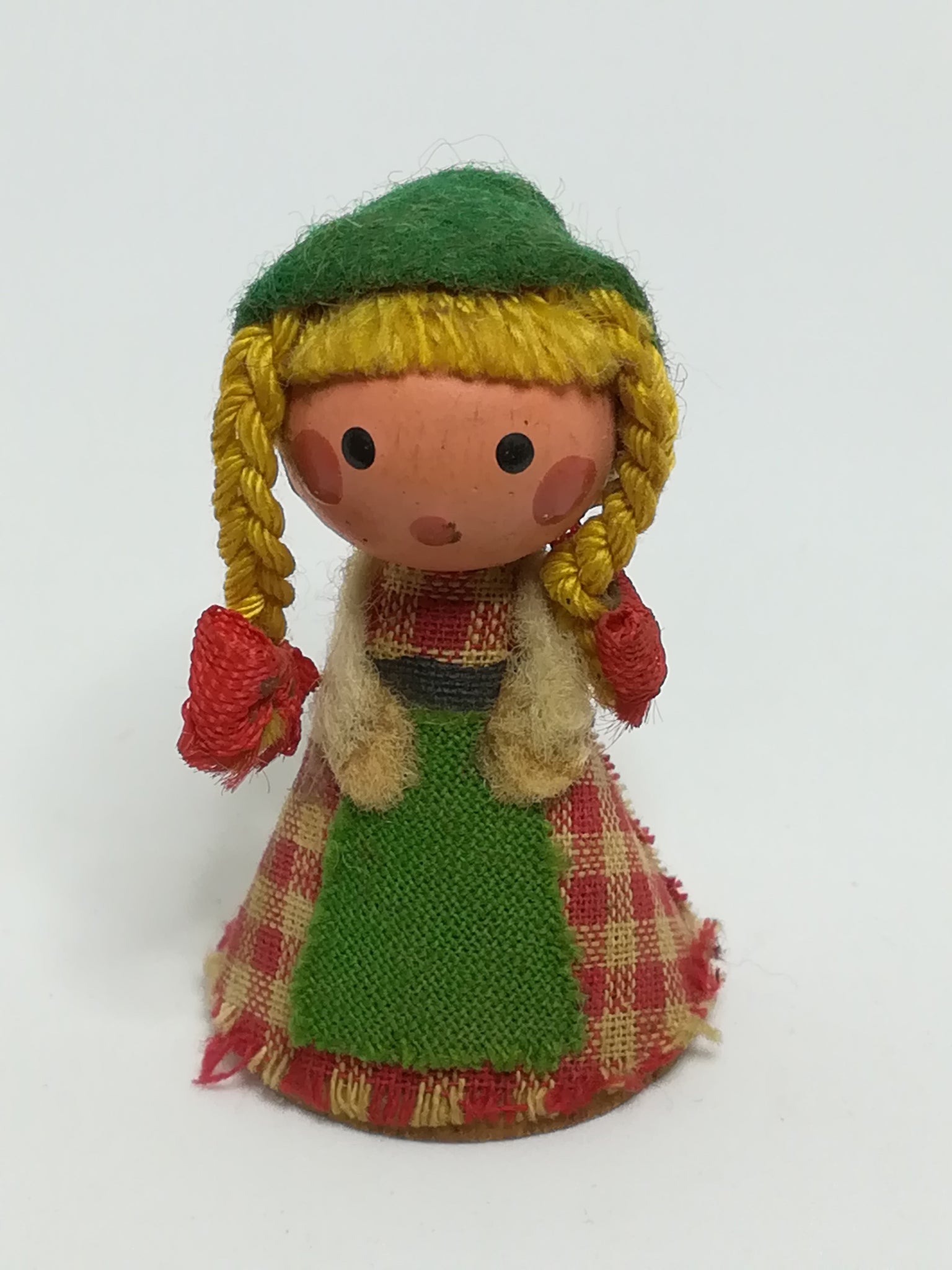Miniature Wooden Doll in Red & White Checked Dress & Green Hemp (Miniature, suitable for printer's tray)