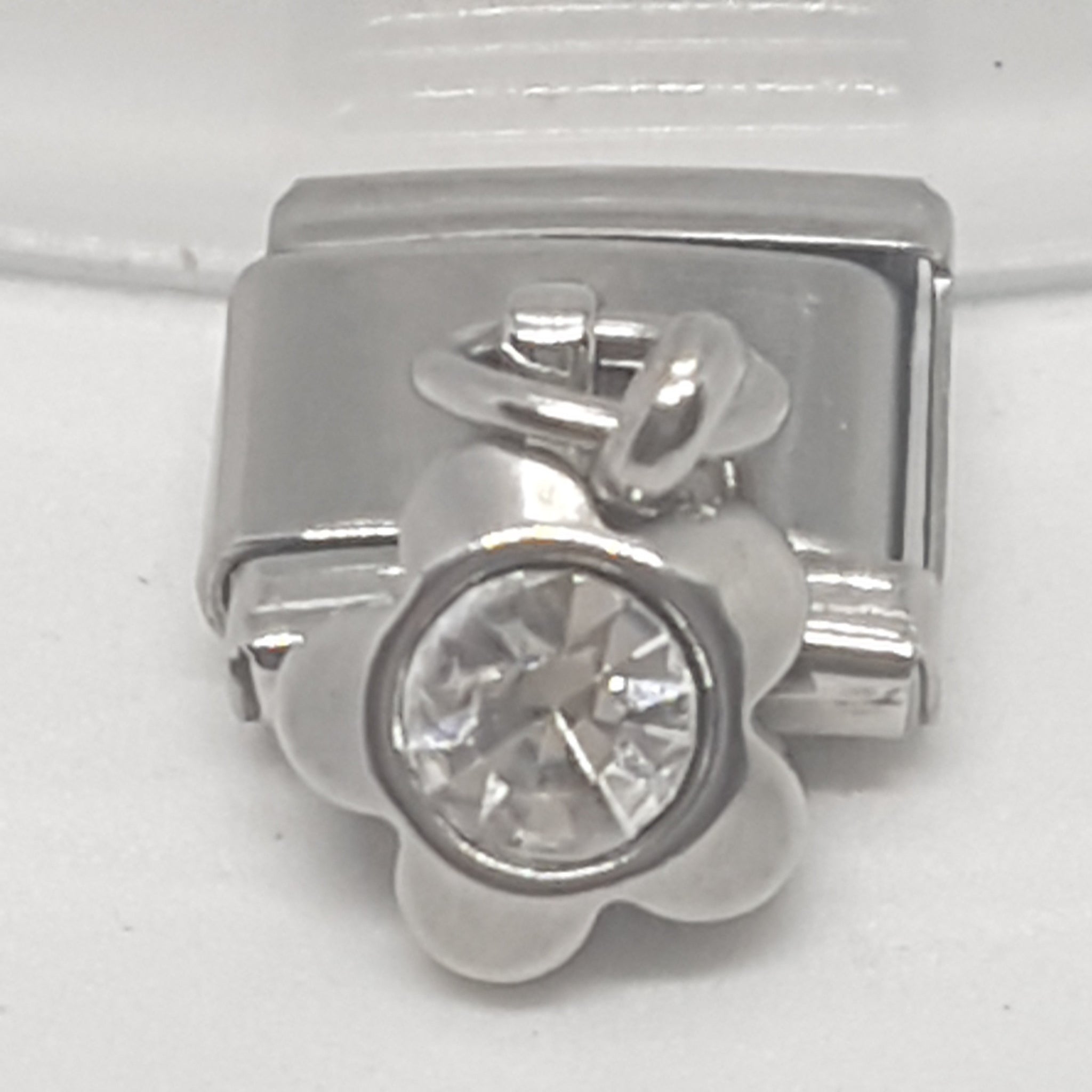 Italian Charm Dangle Flower 'Silver' Clear Diamante (Fits Nomination Bracelet)