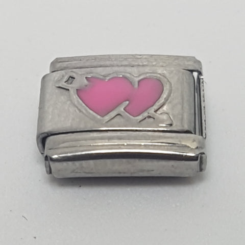 Italian Charm Heart Pair Arrow Pink Enamel (Fits Nomination Bracelet)