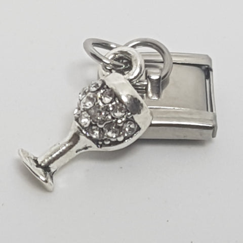 Italian Charm Dangle Champagne Glass 'Silver' Diamante (Fits Nomination Bracelet)