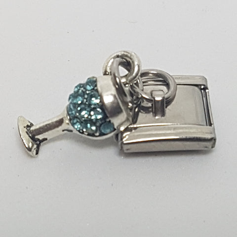 Italian Charm Dangle Champagne Glass 'Silver' Blue Diamante (Fits Nomination Bracelet)