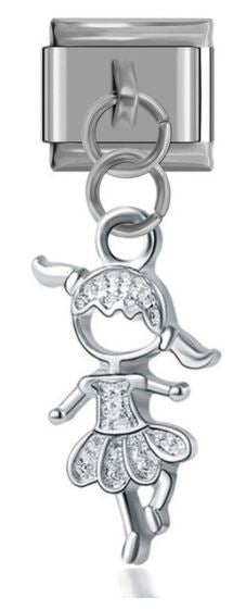 Italian Charm Girl Dancing Twirling 'Silver' Dangle on 'Silver' Link (Fits Nomination Bracelet)