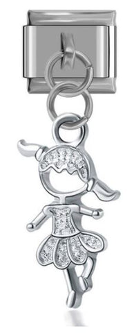 Italian Charm Girl Dancing Twirling 'Silver' Dangle on 'Silver' Link (Fits Nomination Bracelet)