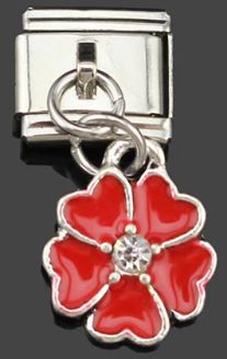Italian Charm Dangle Flower Red Enamel & Rhinestone (Fits Nomination Bracelet)