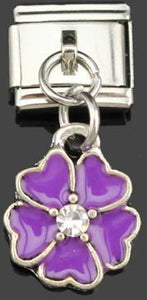 Italian Charm Dangle Flower Purple Enamel & Rhinestone (Fits Nomination Bracelet)